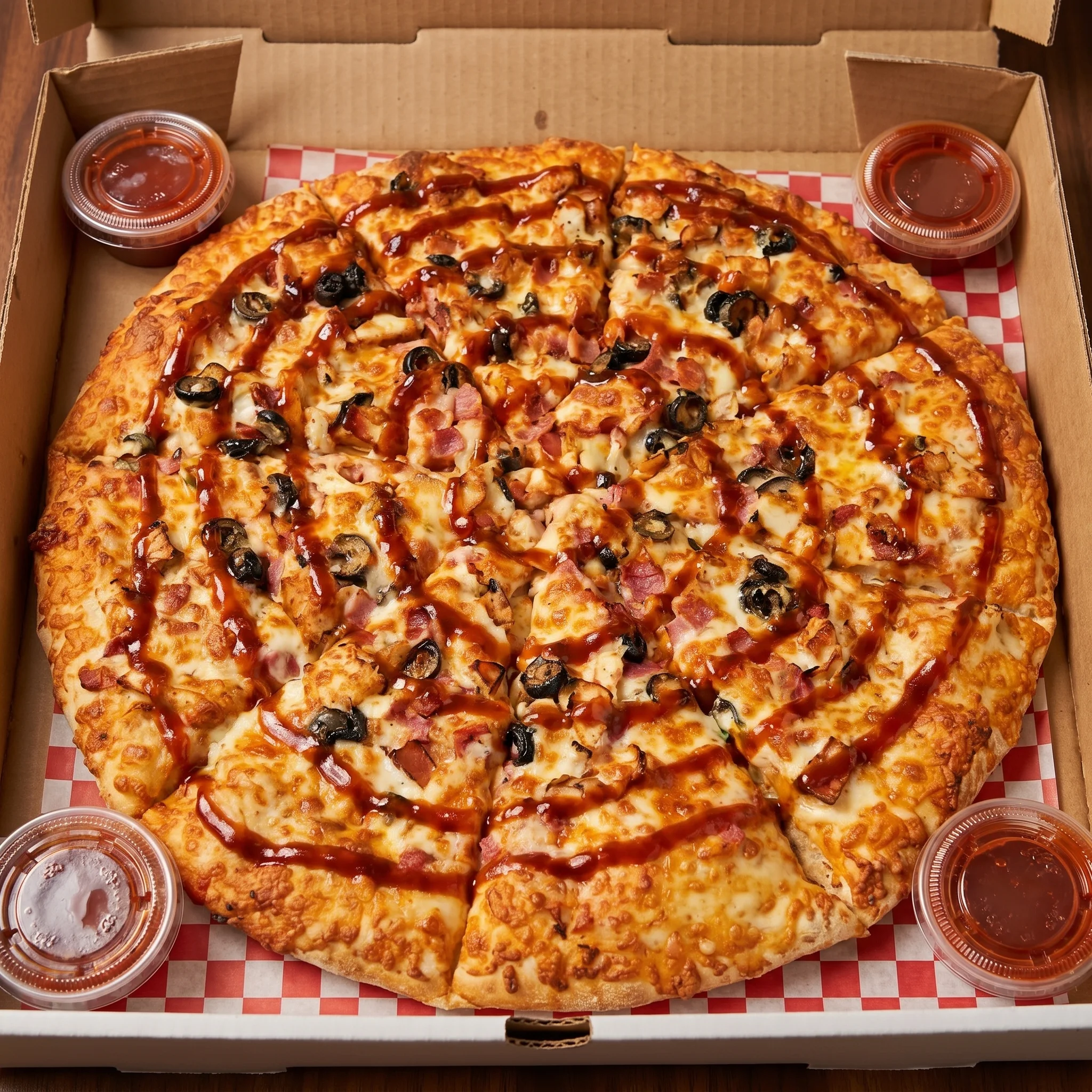 Delicious BBQ Chicken Pizza at Fort Road Pizza and Donair in northeast Edmonton, AB