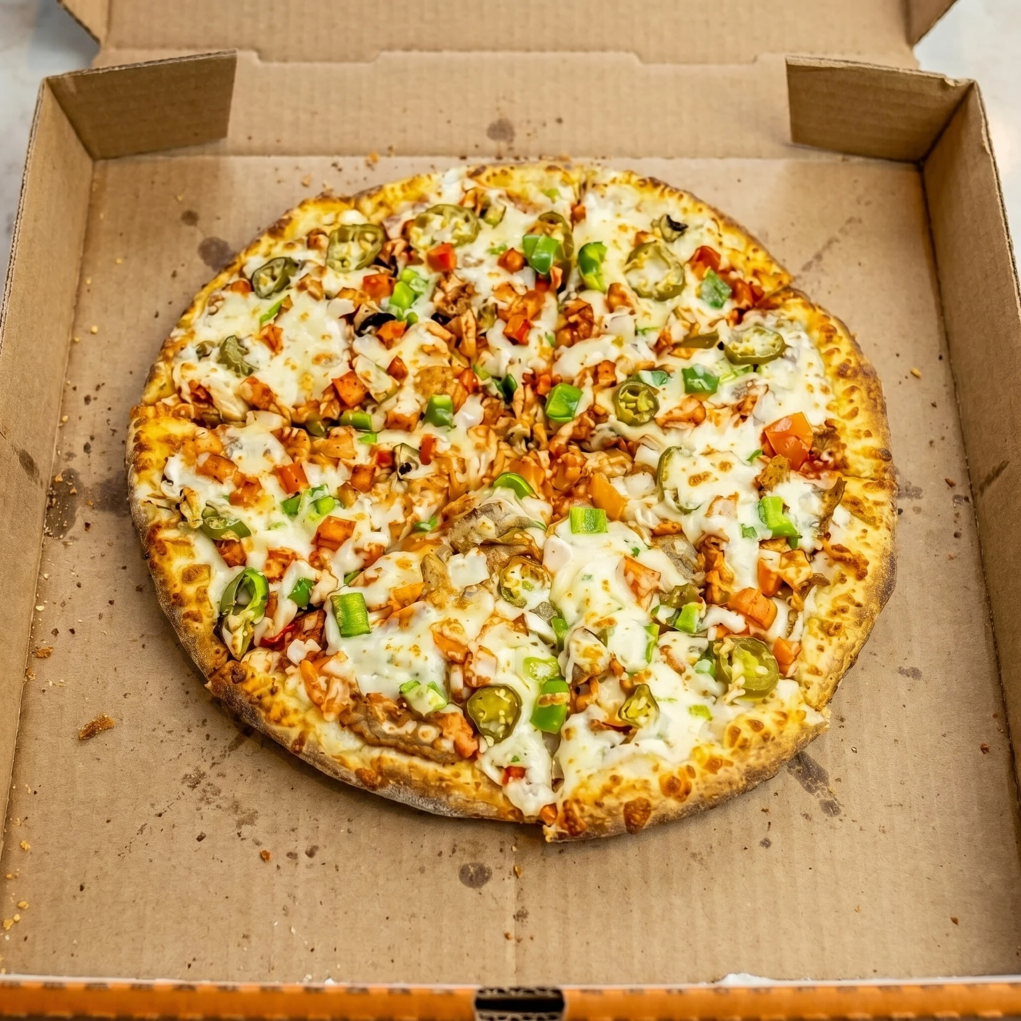 Delicious Chicken Delight Pizza at Fort Road Pizza and Donair in northeast Edmonton, AB