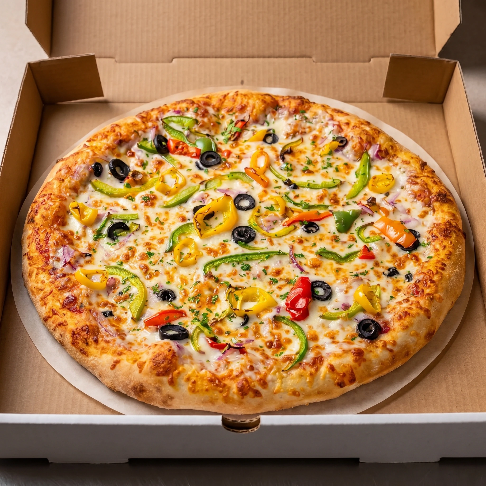 Delicious Veggie Delight Pizza at Fort Road Pizza and Donair in northeast Edmonton, AB